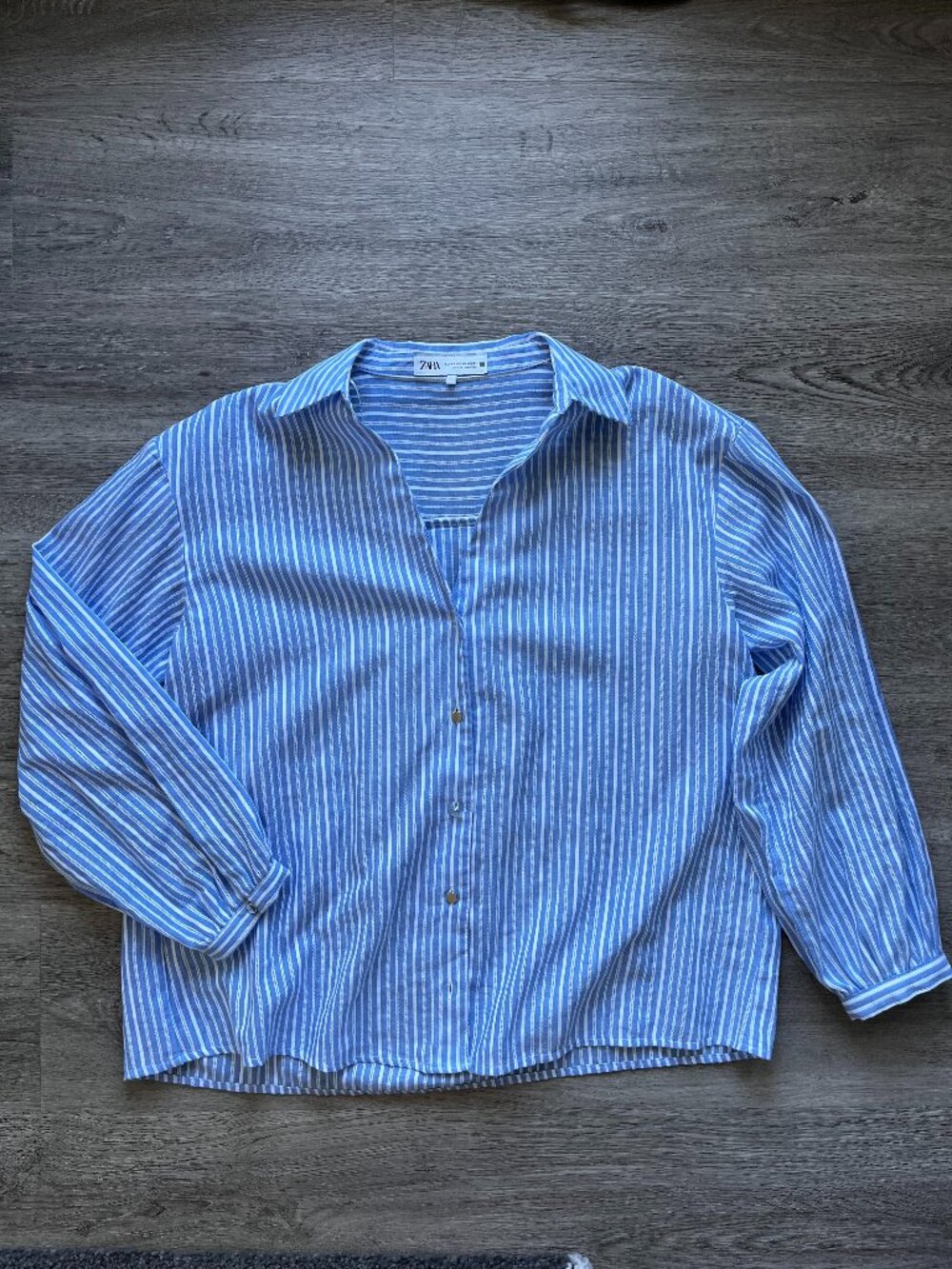 Zara Blue and White Striped Cotton Blouse